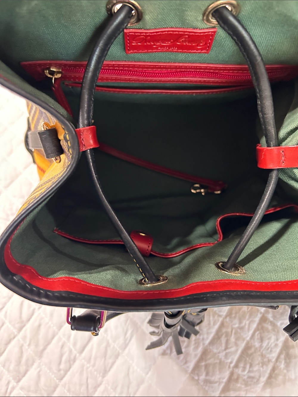 Dooney & Bourke Yellow Plaid Drawstring Bucket Bag with Black Trim - Picture 4 of 7